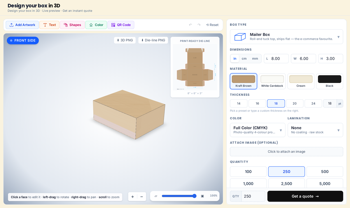 Custom Box Printing's free 3D box designer — adjust size, material, color, and artwork with a live 3D preview